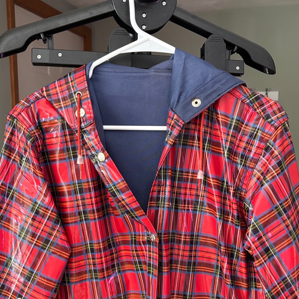 Red Plaid Hooded Trench Coat for Women